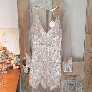NWT LUXXEL Dress White Lace over Tan Tuille NYLON Polyester➡️17.5”⬇️36”